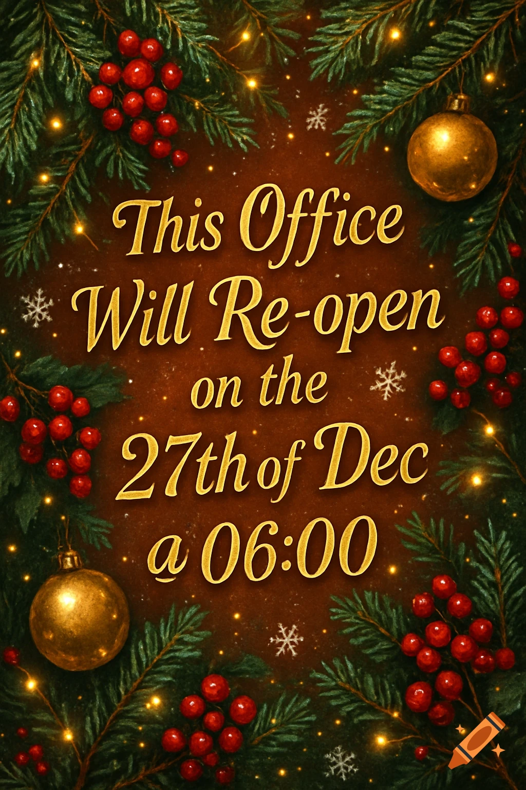 A festive Christmas poster with evergreen branches, red berries, and gold ornaments around text announcing an office reopening.