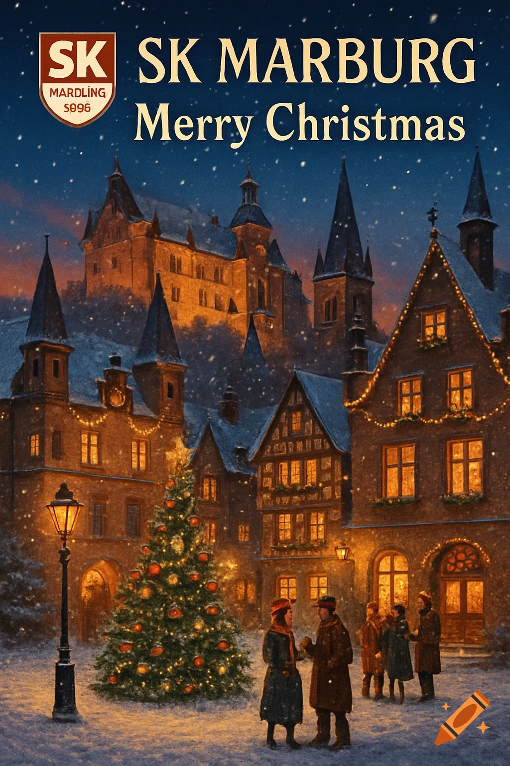 A snowy street scene at dusk with festive lights on medieval-style buildings and a large Christmas tree. People gather in the foreground, under falling snow. Text reads 'SK MARBURG Merry Christmas' and 'SK MARDLING S996' in a logo.