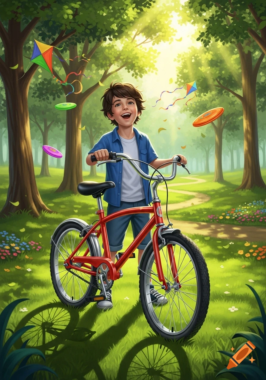 A cheerful boy with a red bicycle stands in a sunny park with flying kites and frisbees, vibrant illustration.