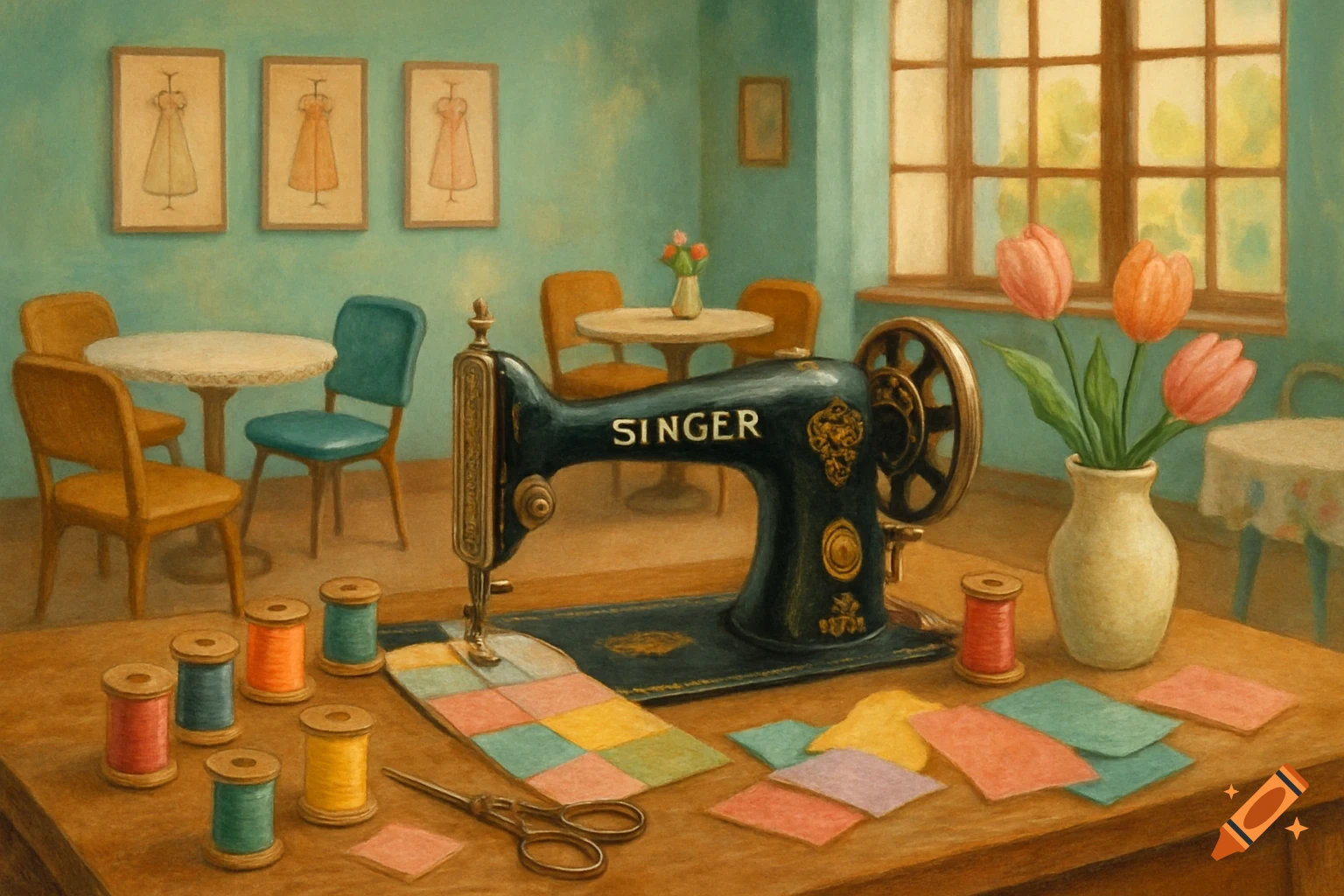 A retro-style oil painting of a sewing cafe, featuring a black Singer sewing machine on a wooden table with colorful thread spools and fabric scraps. Background shows cafe tables, chairs, and a window with tulips.