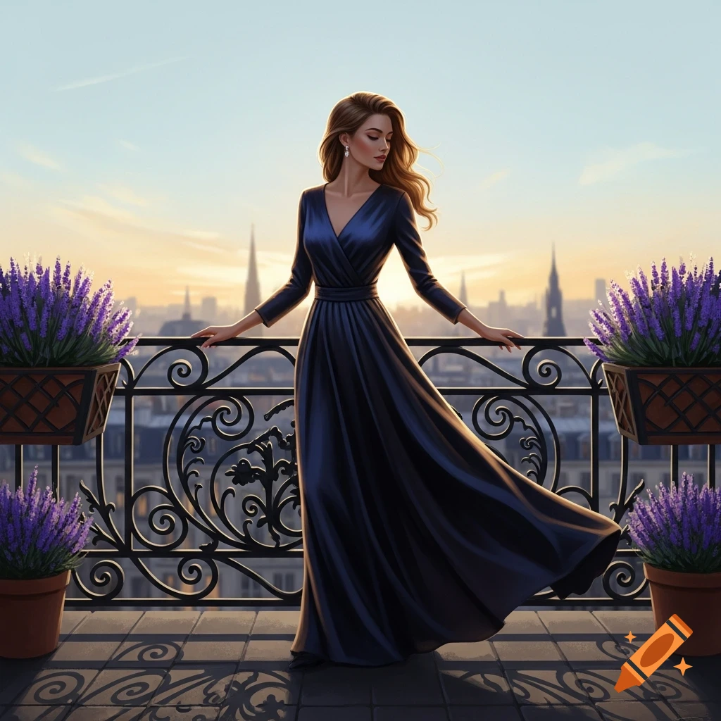 An elegant woman in a long navy dress stands on a Parisian balcony with ...