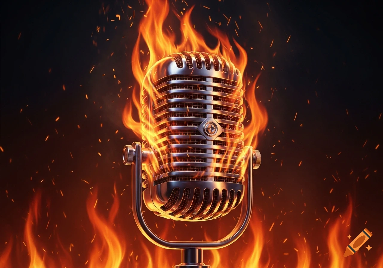 A vintage radio microphone dramatically engulfed in vibrant orange flames with sparks flying against a dark background.