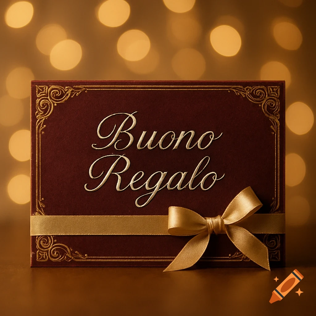 A dark red gift box with gold ornamental trim, a golden ribbon and bow, and the words "Buono Regalo" in elegant script on a warm bokeh background.