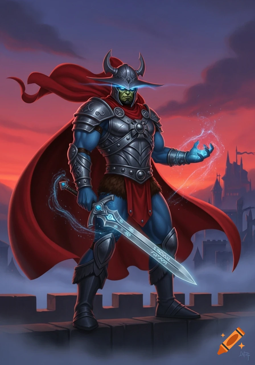 A green-skinned warrior in horned armor and a red cape stands on a castle wall at sunset, wielding a glowing sword and magic.