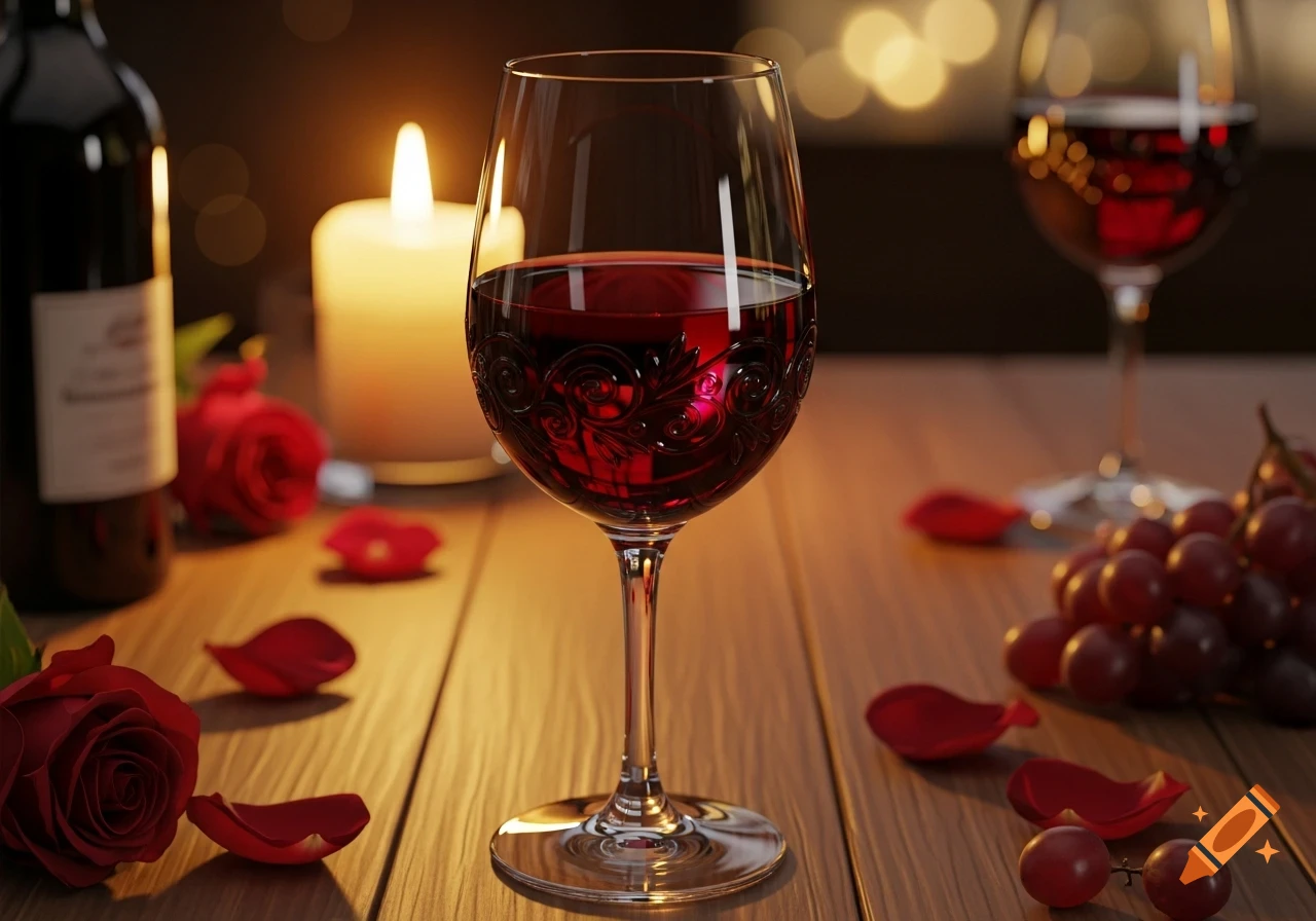 A glass of red wine, a bottle, a candle, red roses, petals, and grapes on a wooden table in a romantic setting.