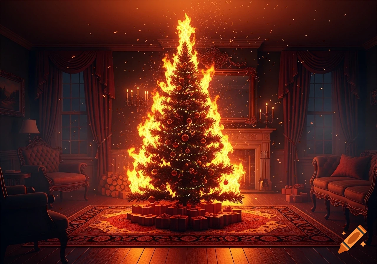 A photorealistic image of a Christmas tree engulfed in flames inside a lavish living room, surrounded by presents.