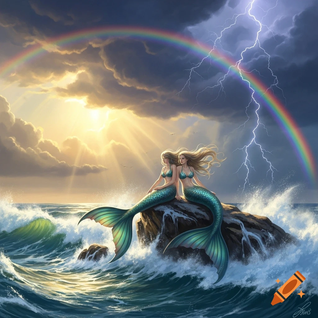 Two mermaids sit on a rock in a stormy ocean, with sun rays, lightning, and a rainbow arching above. Fantasy art.