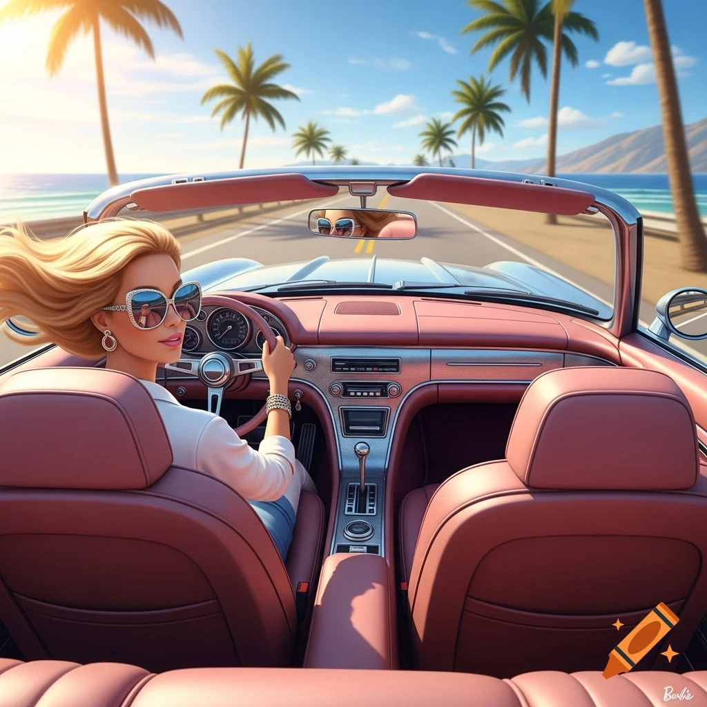 Barbie-like doll in sunglasses drives a vintage red convertible on a sunny coastal road with palm trees.