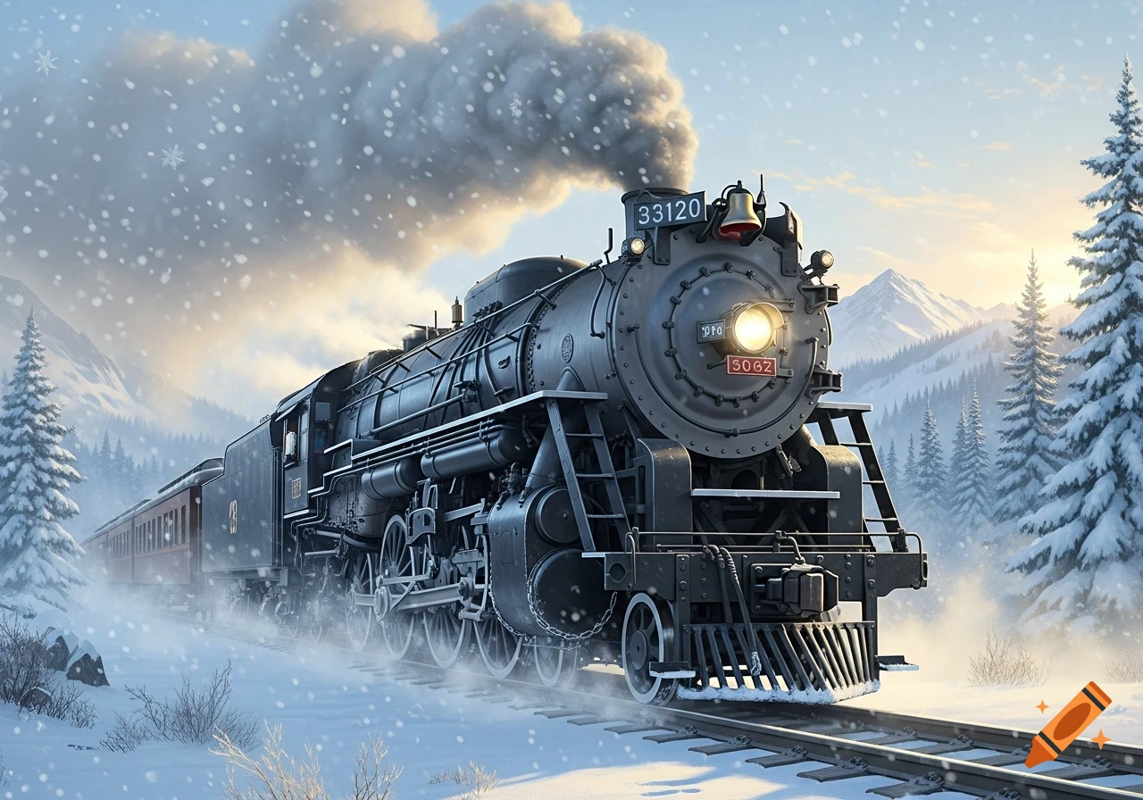 A black steam locomotive travels through a snowy mountain landscape with pine trees under a bright blue sky, with snow falling.