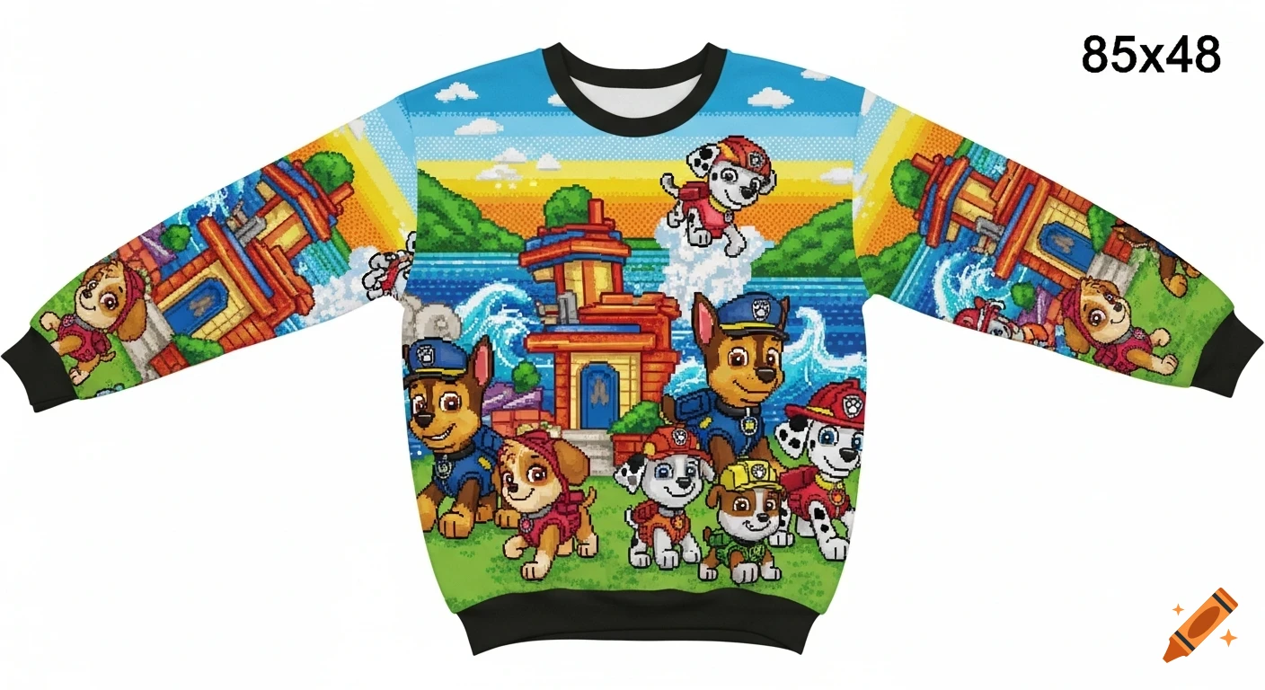 Pixel art pullover design featuring Paw Patrol characters like Chase, Marshall, Skye, and Rubble in a colorful landscape.