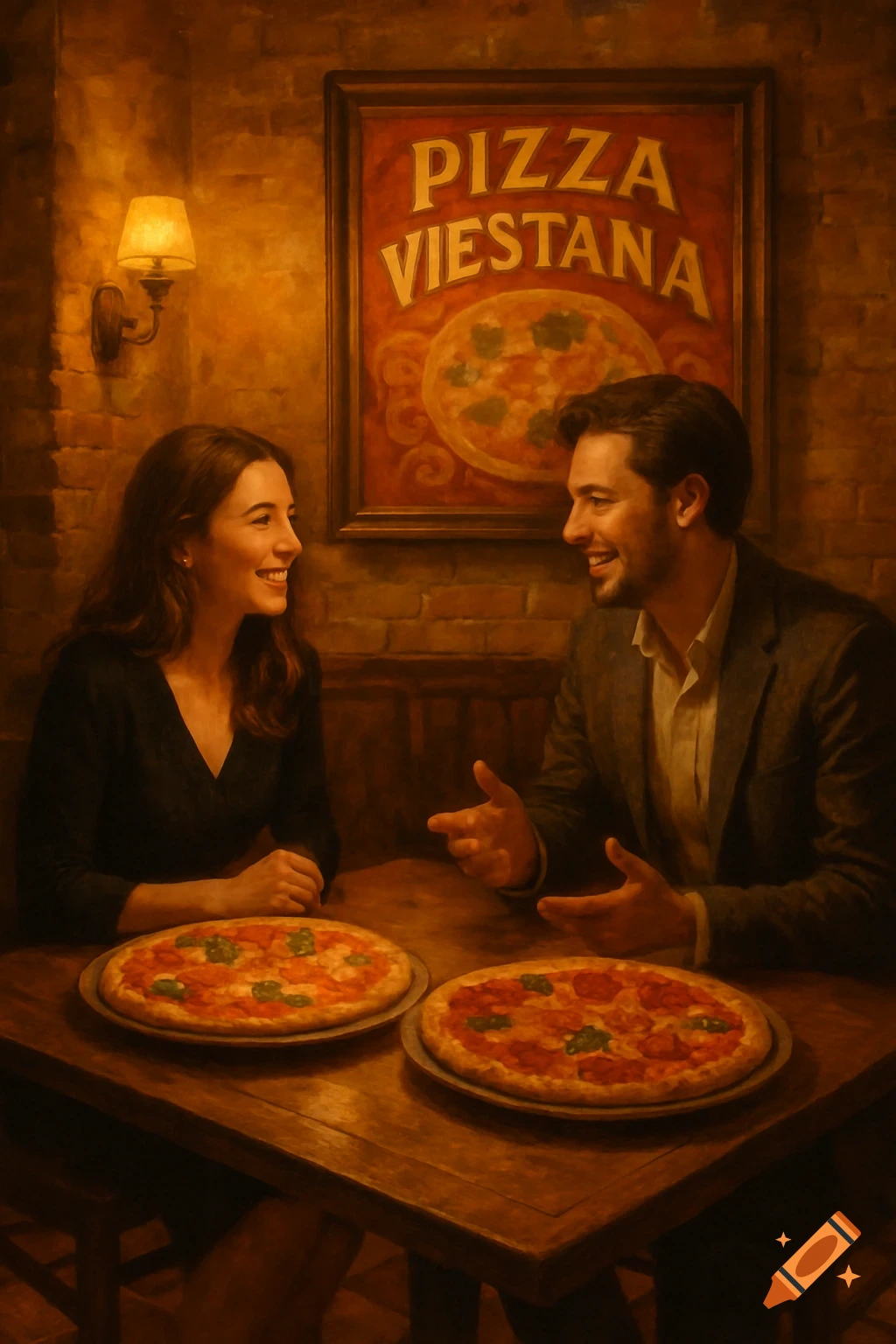 A man and woman smiling at each other while eating pizza at a table in a cozy pizzeria, a 'Pizza Viestana' sign on the wall. Painting style.