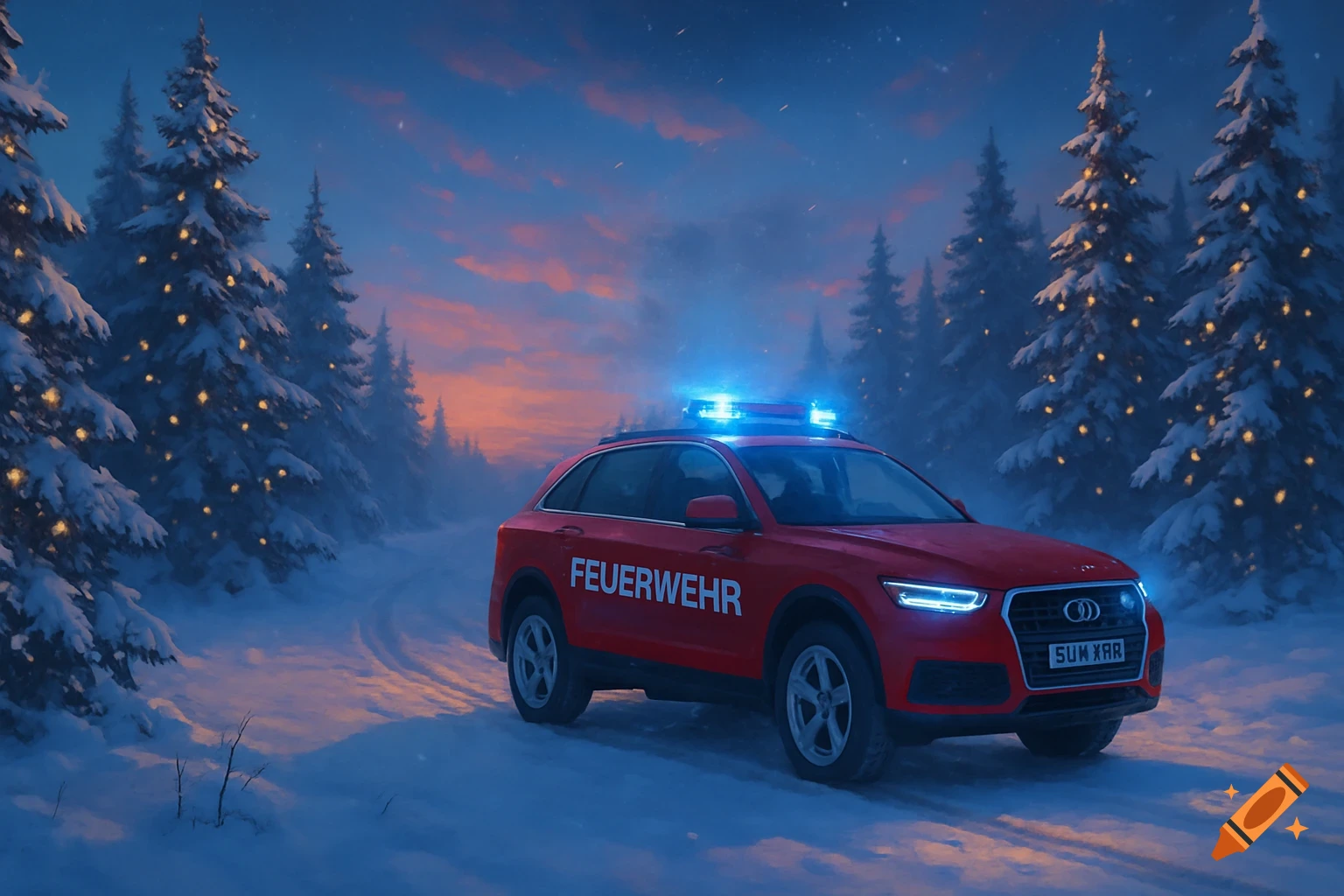 Red Audi Q5 fire truck with blue lights on a snowy road lined with snow-covered Christmas trees at dusk.