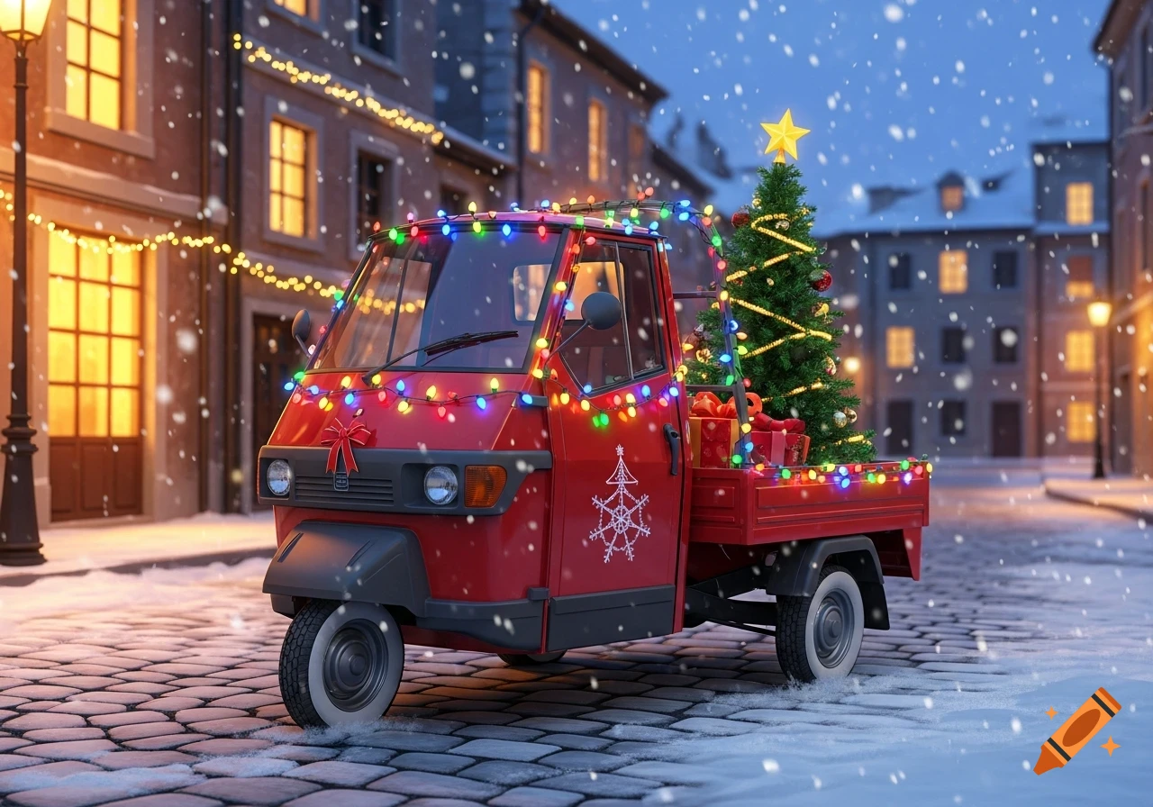 A red Piaggio Ape pickup truck adorned with colorful Christmas lights and a decorated tree in its bed, on a snowy cobblestone street.