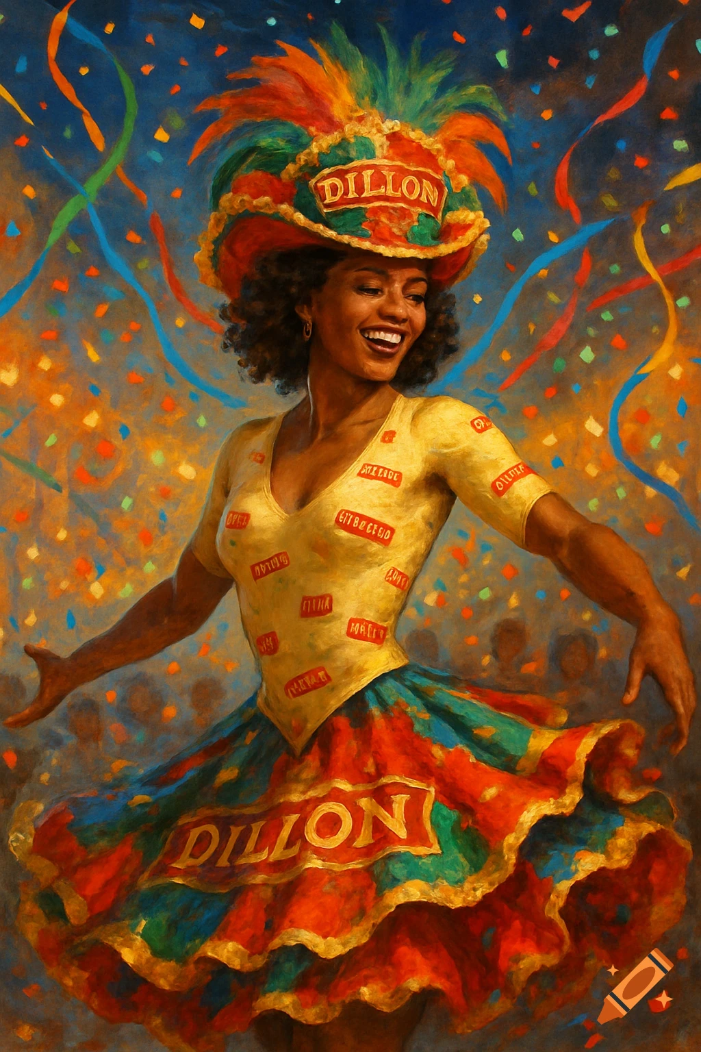 A vibrant painting of a smiling woman in a colorful feathered carnival costume, dancing amidst confetti and streamers.