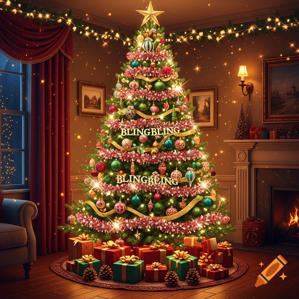 A beautifully decorated Christmas tree with 'BLINGBLING' text, surrounded by presents in a festive living room with a fireplace.