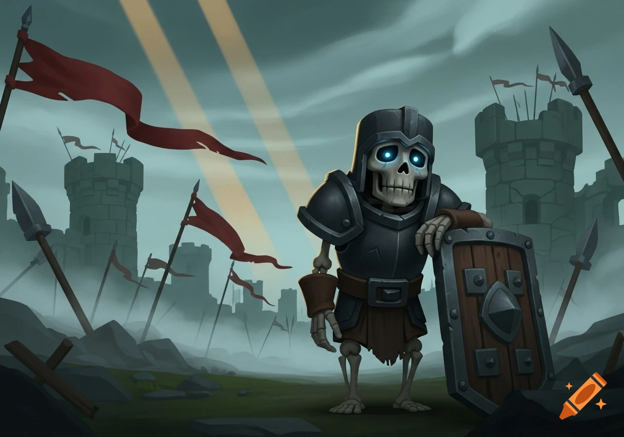 A cartoon skeleton warrior with glowing blue eyes, leaning on a shield in front of castle ruins with spears and red flags.