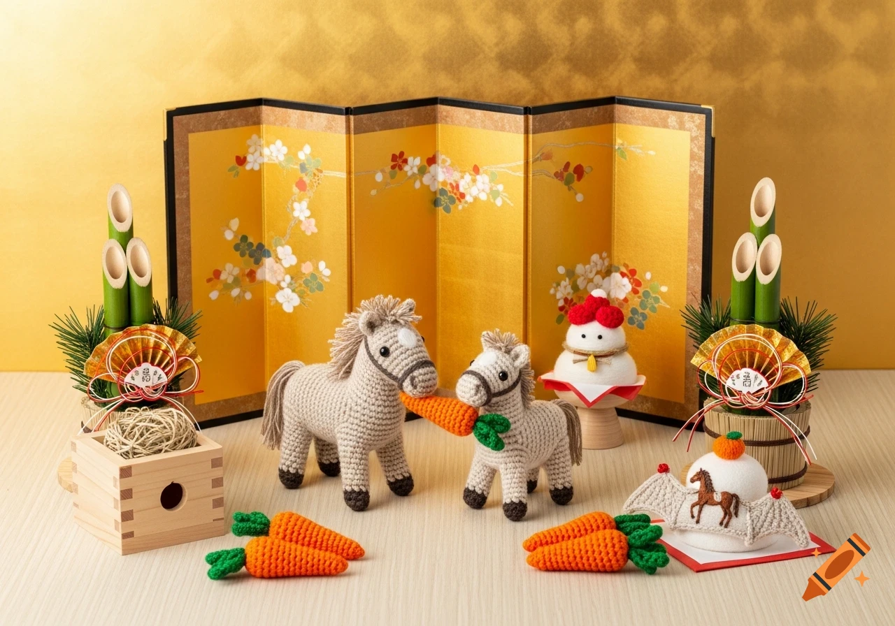 Two amigurumi horses, one with a carrot, among Japanese New Year decorations like a gold screen, bamboo kadomatsu, and kagami mochi.