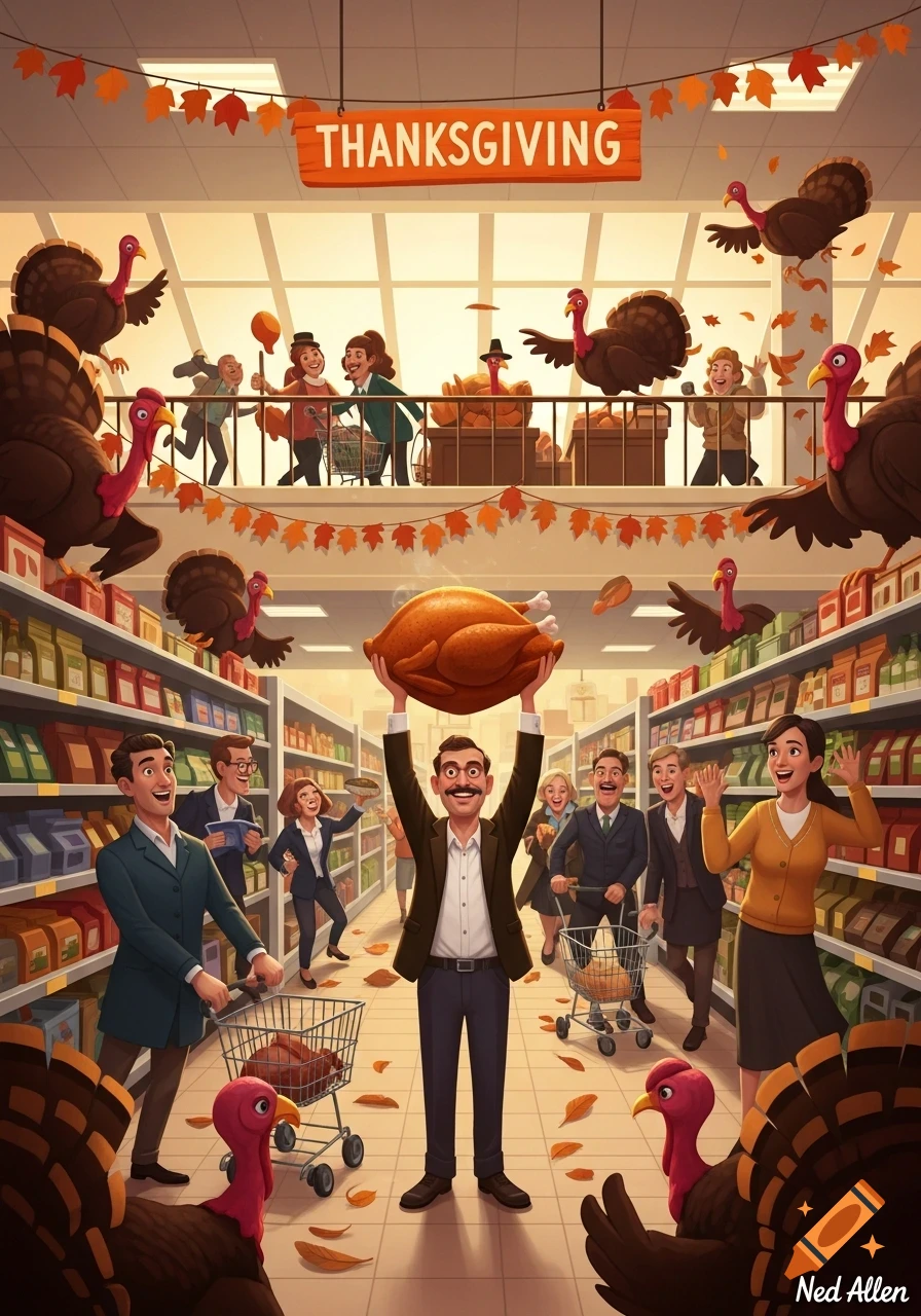 A vibrant cartoon of a chaotic Thanksgiving supermarket scene with people, flying turkeys, and a man holding up a cooked turkey.