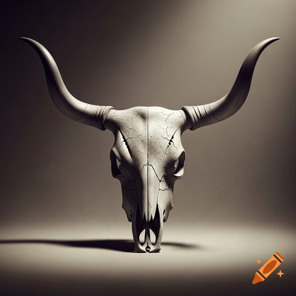 A detailed longhorn skull with long, curved horns, casting shadows on a dark, minimalist background.
