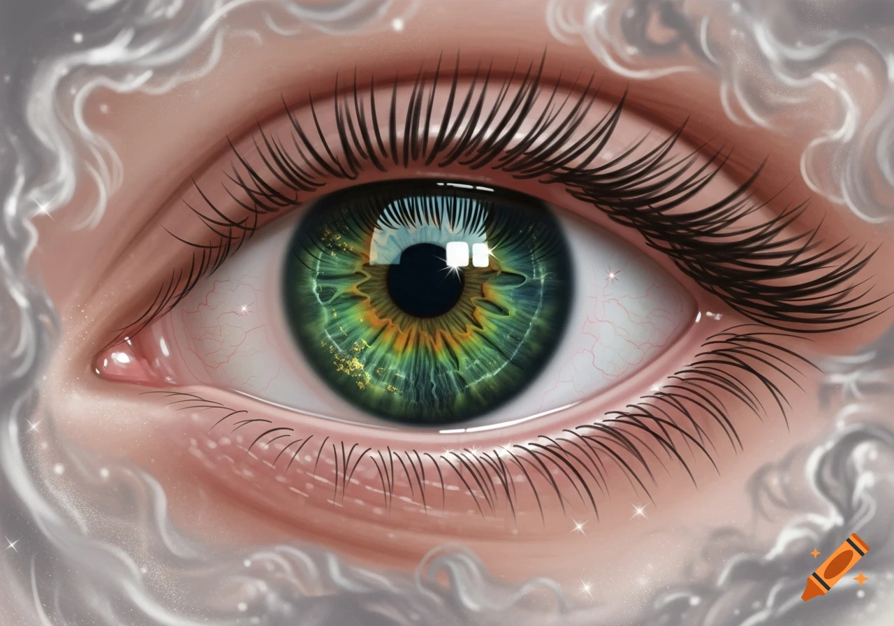 Close-up drawing of a vibrant green and gold eye with long lashes, surrounded by ethereal white wisps and sparkles.