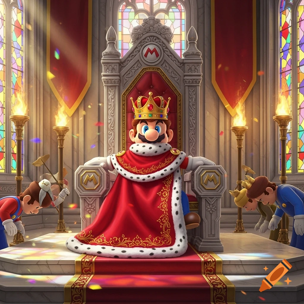 King Mario on an ornate throne in a grand hall with stained glass windows, two characters bowing. Confetti falls.
