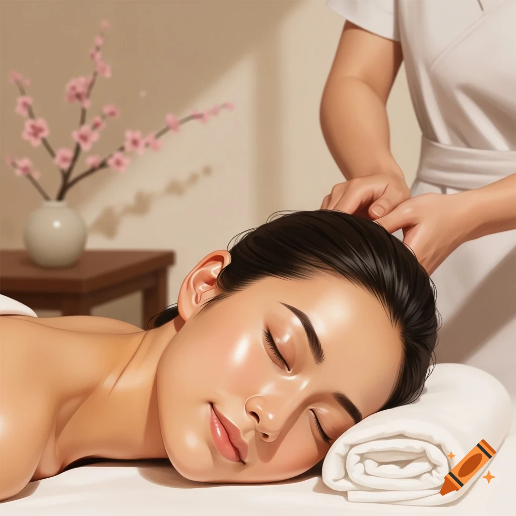 An Asian woman with closed eyes receives a head massage in a serene setting, depicted in digital art style.