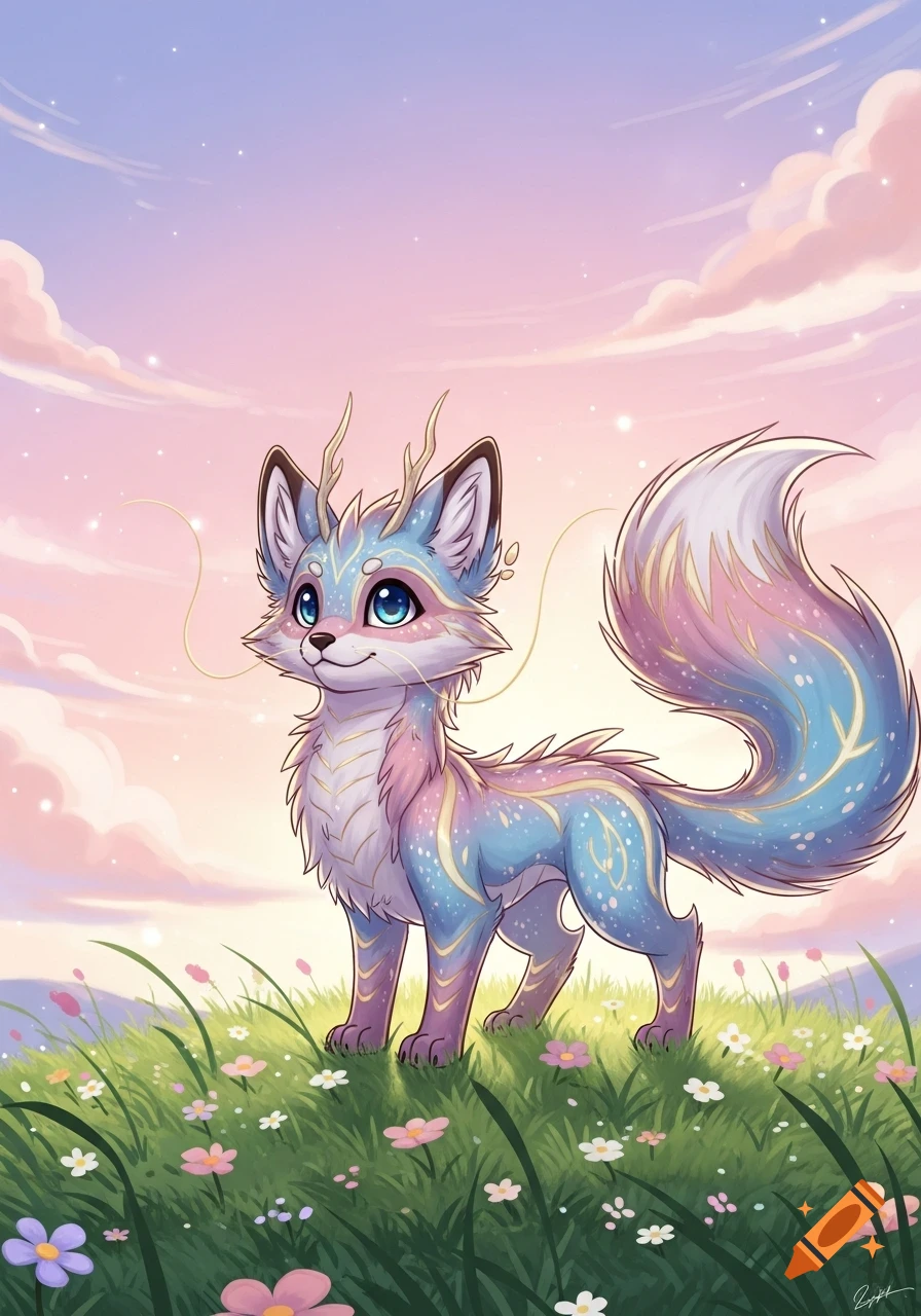 A cute, colorful fantasy fox-like creature with small antlers stands in a meadow with flowers under a pink and purple sunset sky.
