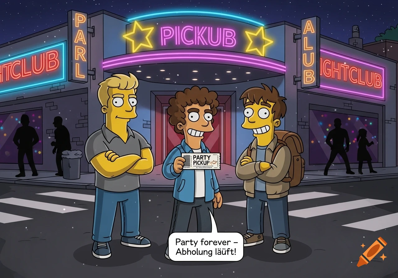 Three cartoon men in Simpsons style stand outside a neon-lit nightclub. One holds a 'Party Pickup' ticket, another speaks 'Party forever - Abholung läuft!'. Nightclub signs have garbled text.