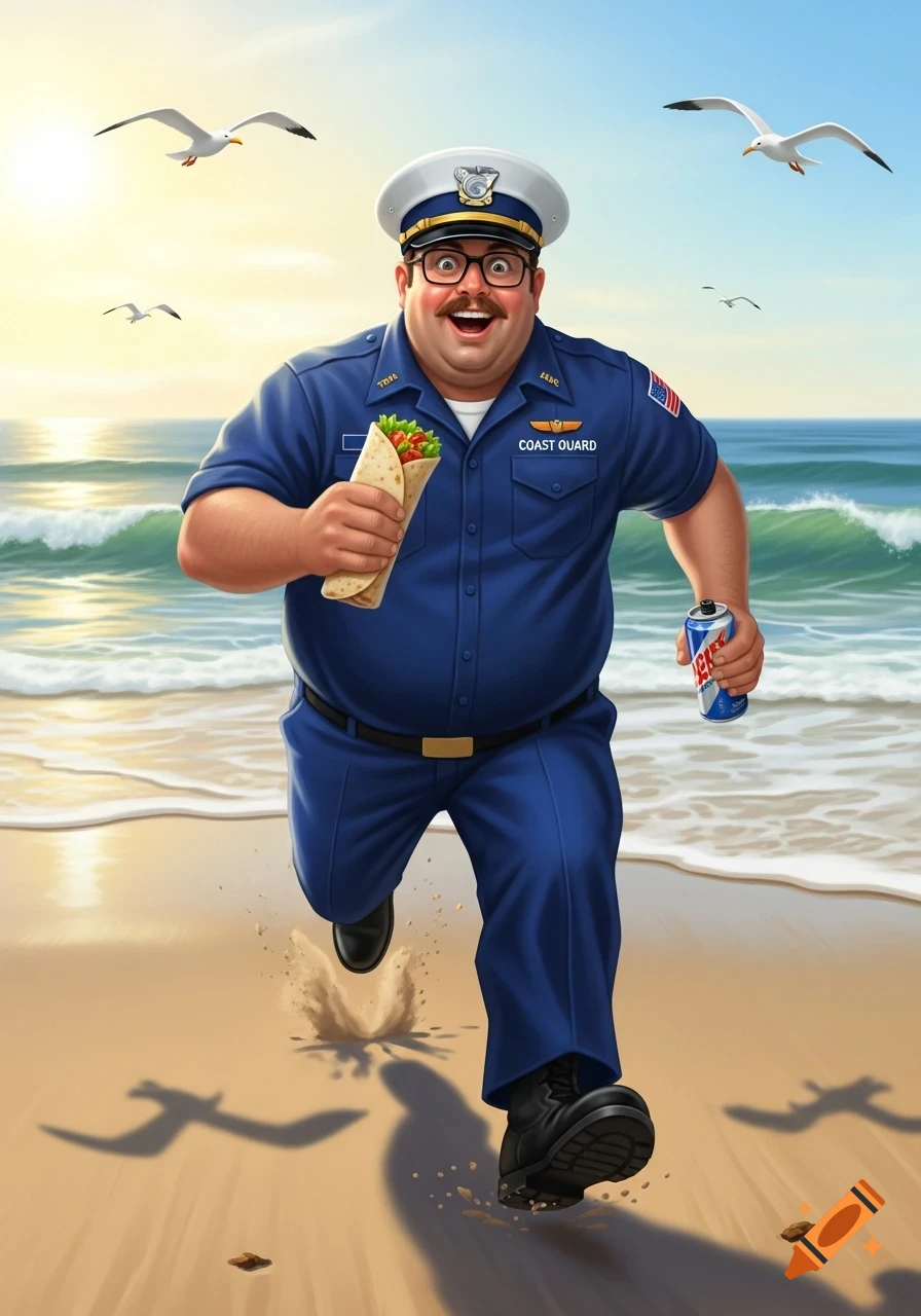 A fat, smiling cartoon man in a Coast Guard uniform runs on a sunny beach, holding a burrito and an energy drink, with seagulls flying overhead.