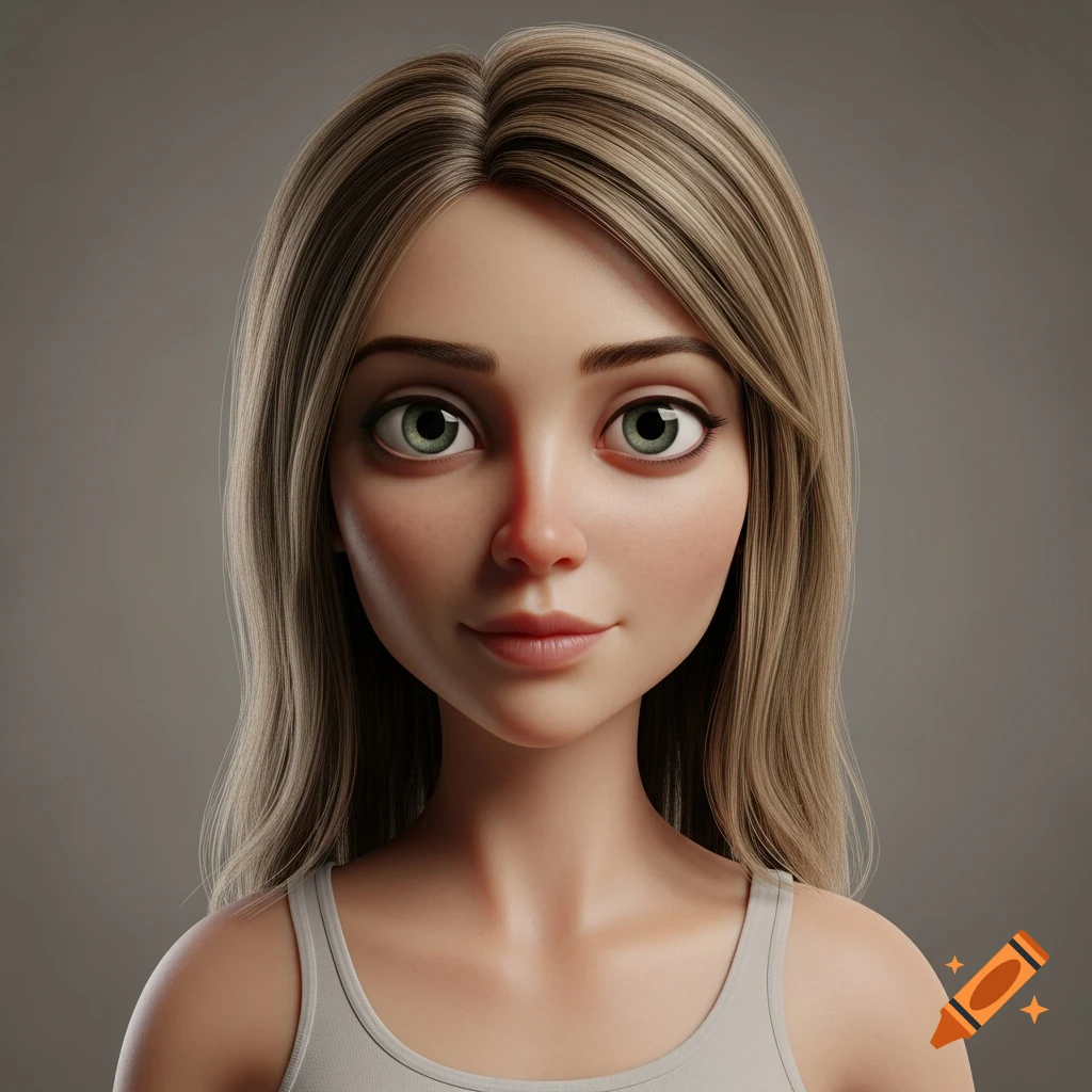 A 3D rendered portrait of a woman with long blonde hair and large green ...