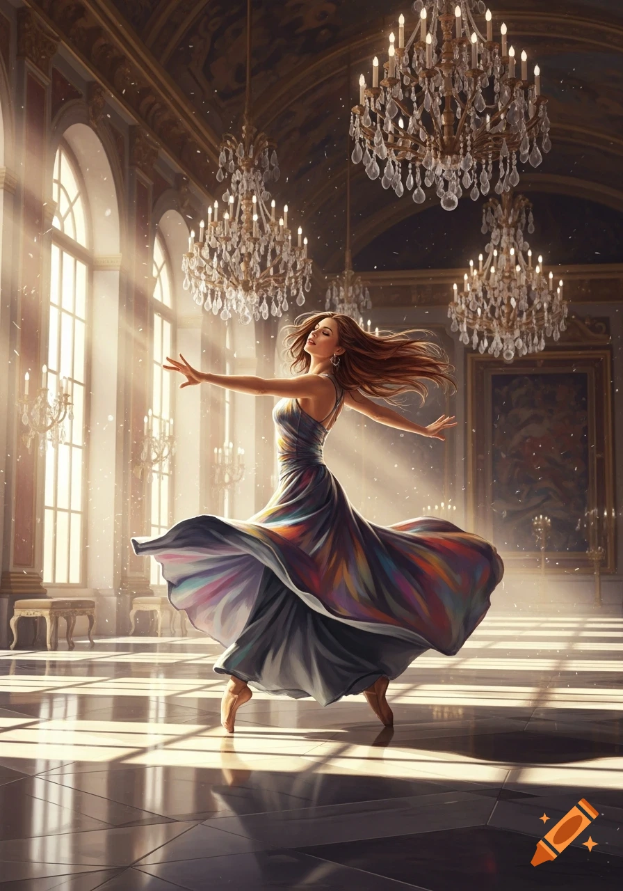 A woman in a flowing, colorful dress gracefully dances on pointe in a sunlit, opulent ballroom with grand chandeliers.