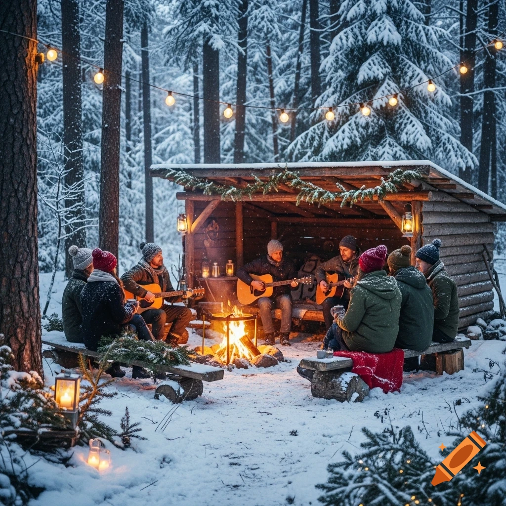 A group of people sit around a campfire in a snowy forest, playing guitars near a rustic wooden shelter lit by string lights.