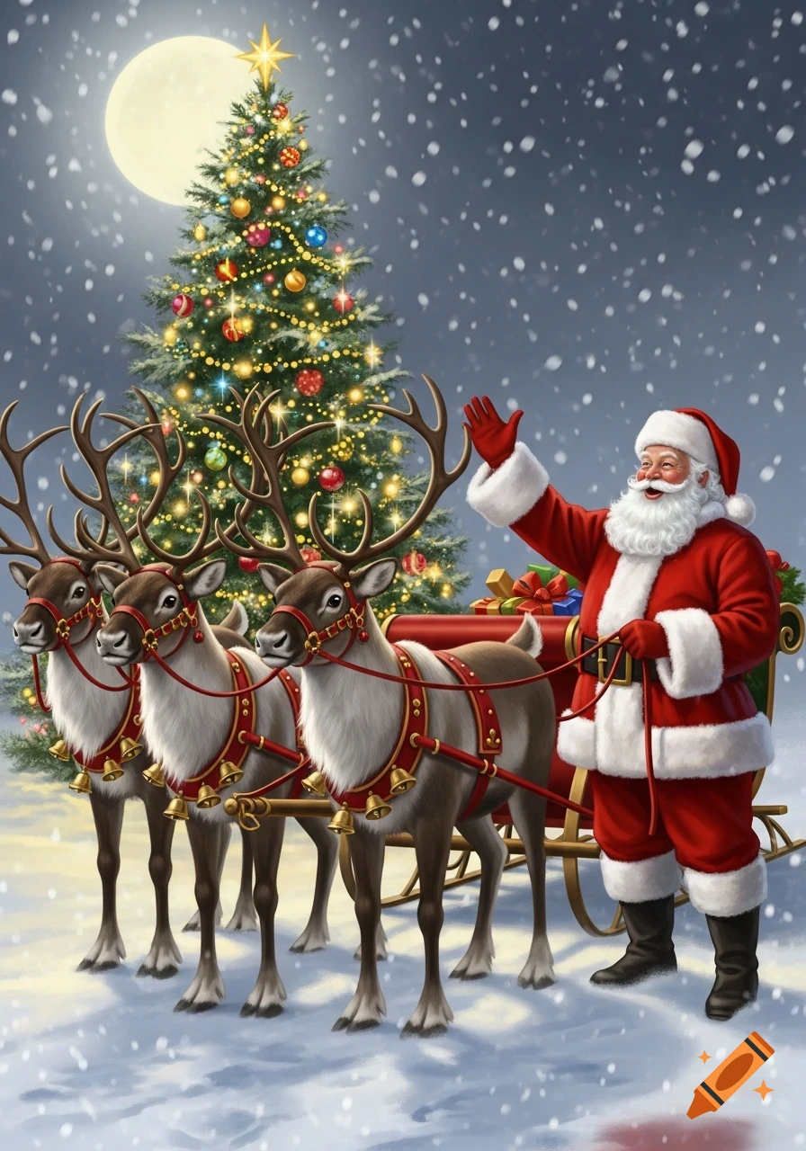 Santa Claus waves next to his sleigh pulled by three reindeer, in a snowy night with a decorated Christmas tree and full moon.