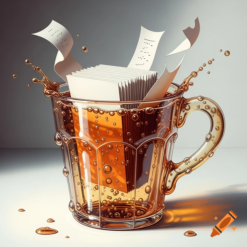 Clear glass mug with bubbling amber liquid and white papers splashing out.