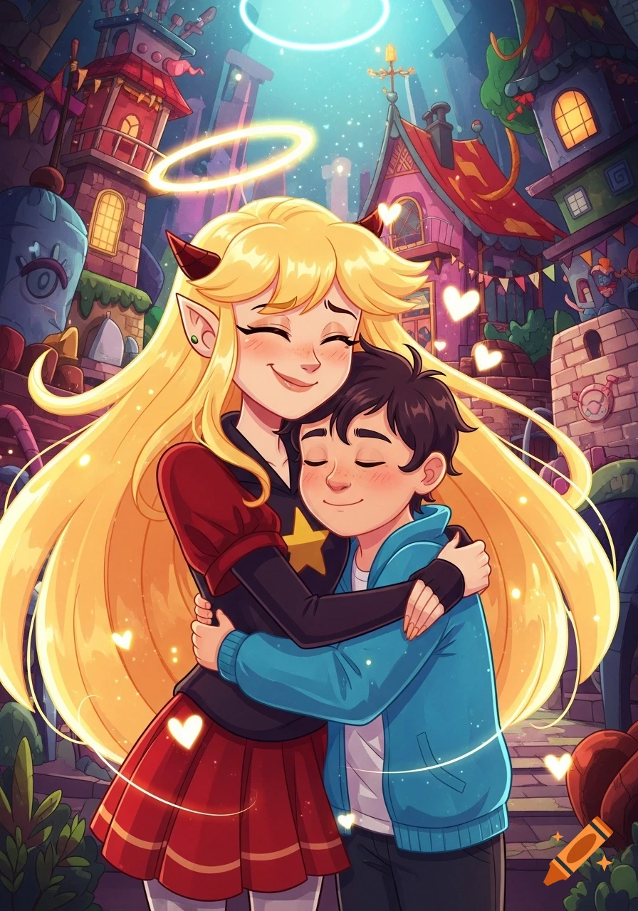 A blonde woman with horns and a glowing halo gently hugs a dark-haired man in a vibrant, stylized city scene with floating hearts.