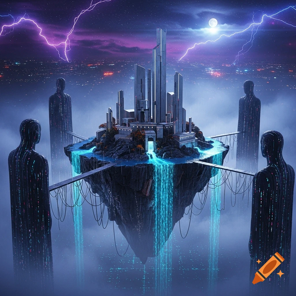 Cyberpunk floating island city with glowing waterfalls and silhouetted data figures under a lightning storm and full moon.