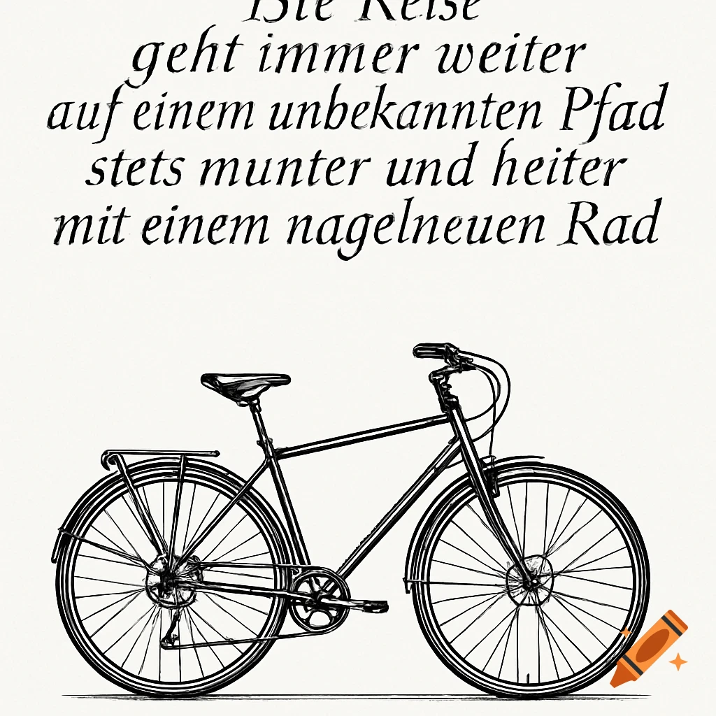 A black and white line drawing of a bicycle with German text above it.