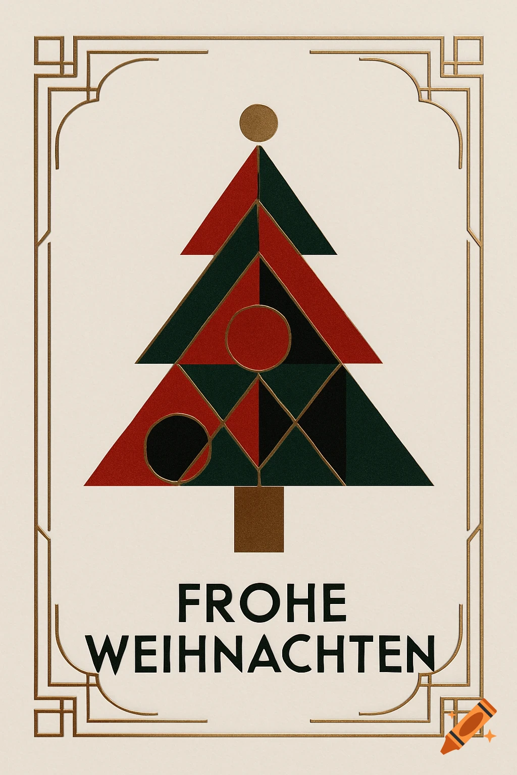 Art Deco Christmas greeting card with a geometric tree in red, green, and black, gold accents, and 'FROHE WEIHNACHTEN' text.