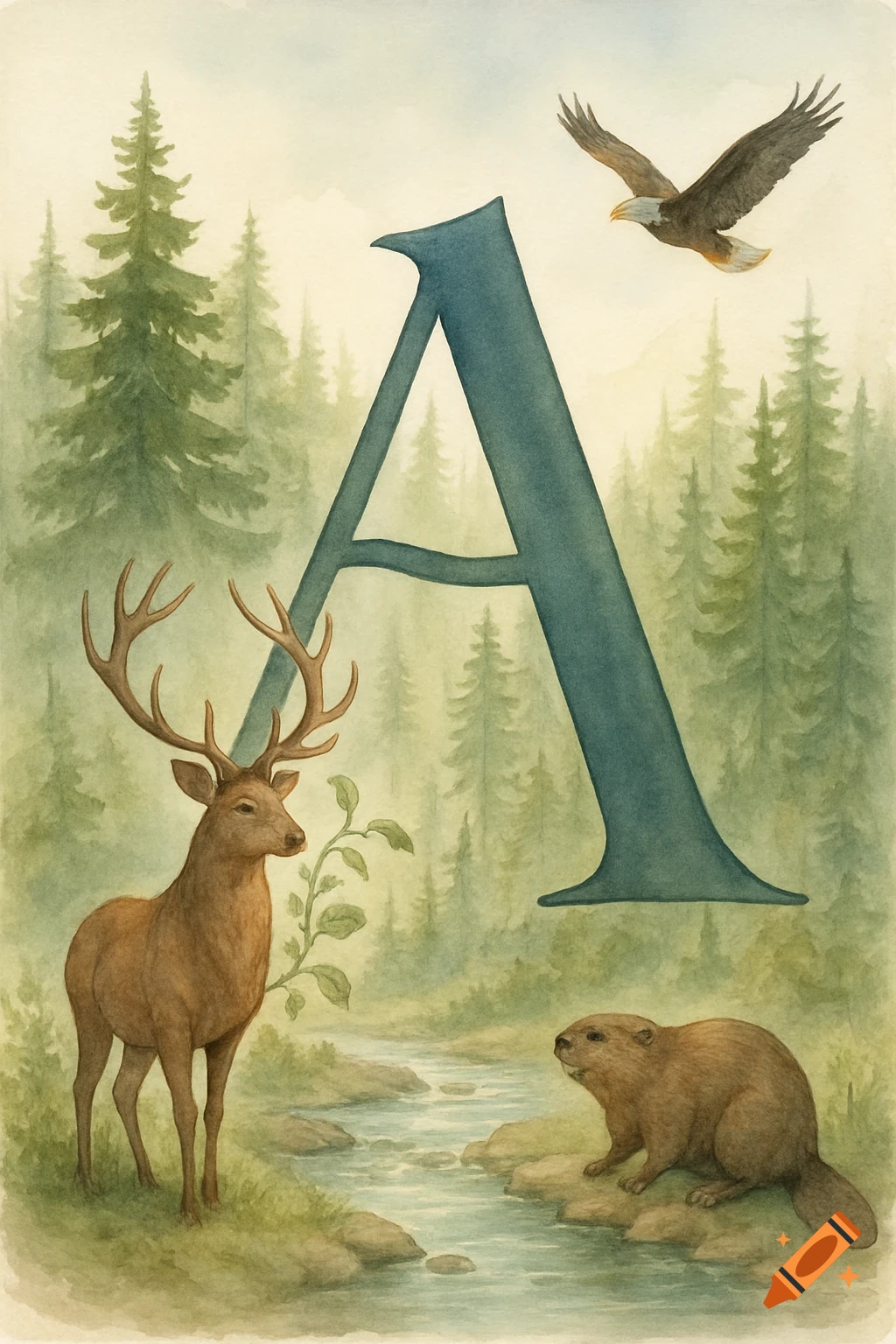 A watercolor illustration of a capital letter A surrounded by a deer, beaver, and eagle in a pine forest with a stream.