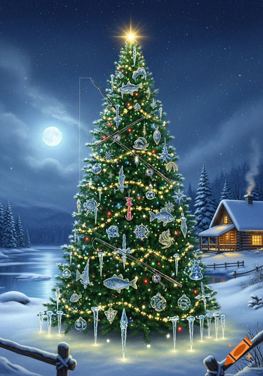 A festive Christmas tree decorated with fishing-themed ornaments and lights stands in a snowy winter landscape with a full moon and a log cabin.