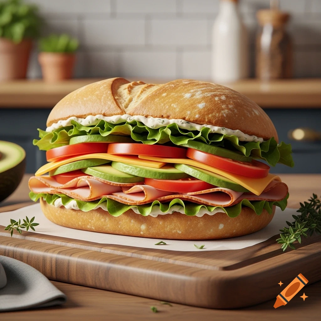 A large, fresh sub sandwich filled with lettuce, tomatoes, avocado, cheese, and deli meat on a wooden cutting board in a kitchen.