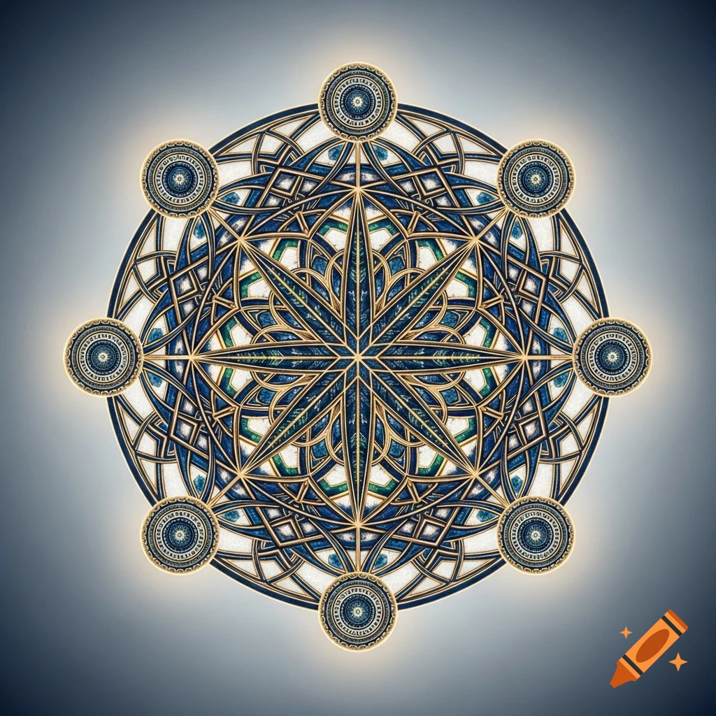 Ornate blue and gold mandala resembling a compass, with glowing circular medallions around its edge, on a gradient background.