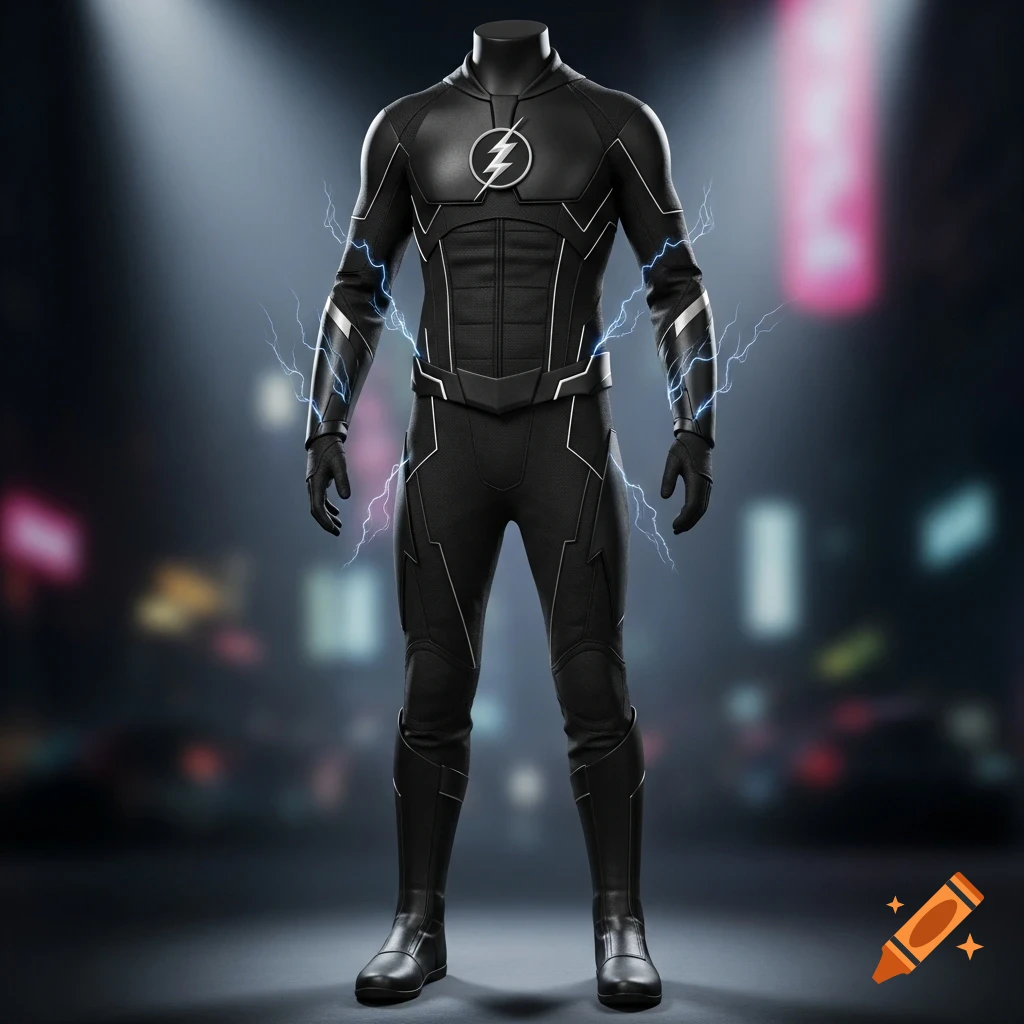 A black superhero suit, resembling Kid Flash, on a mannequin with a white lightning bolt symbol on the chest, against a blurred city background.