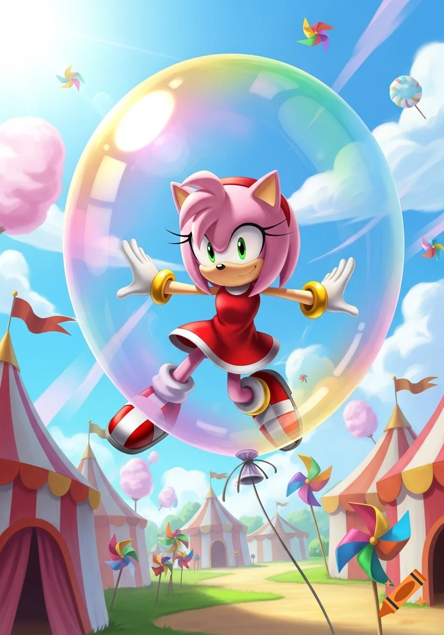Amy Rose from Sonic the Hedgehog smiles while floating in a giant rainbow bubble above a colorful carnival with tents and pinwheels.