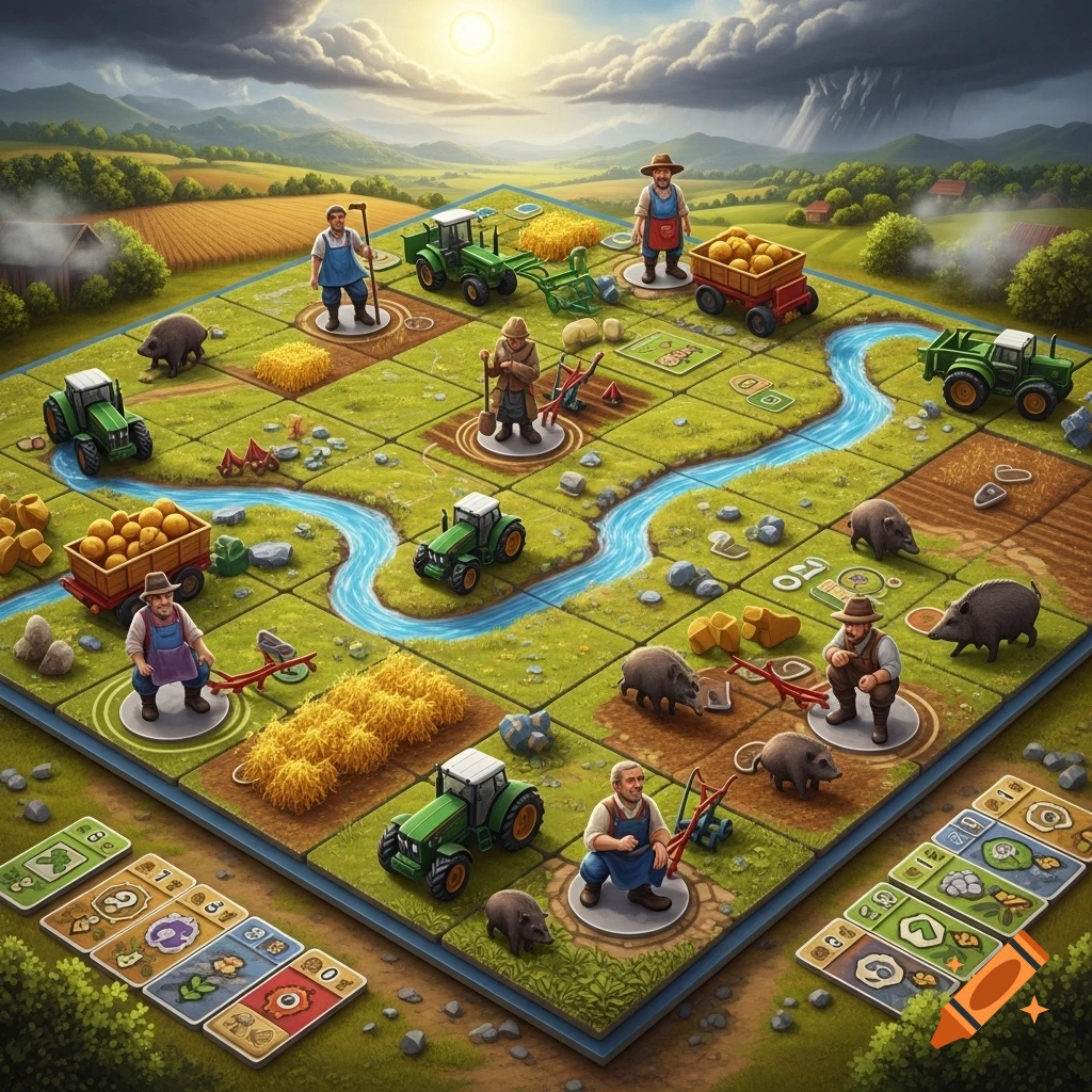 An isometric view of a farming board game, featuring miniature farmers, tractors, pigs, hay bales, and a winding river on a grid.