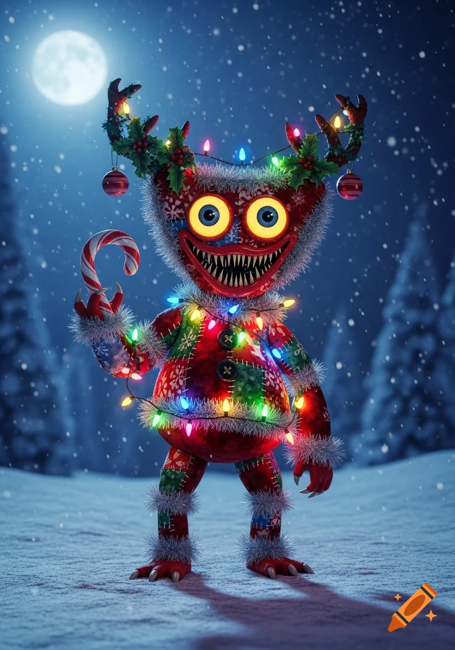 A scary-cute patchwork monster wrapped in Christmas lights, with holly antlers, big yellow eyes, and sharp teeth, holds a candy cane in a snowy forest.