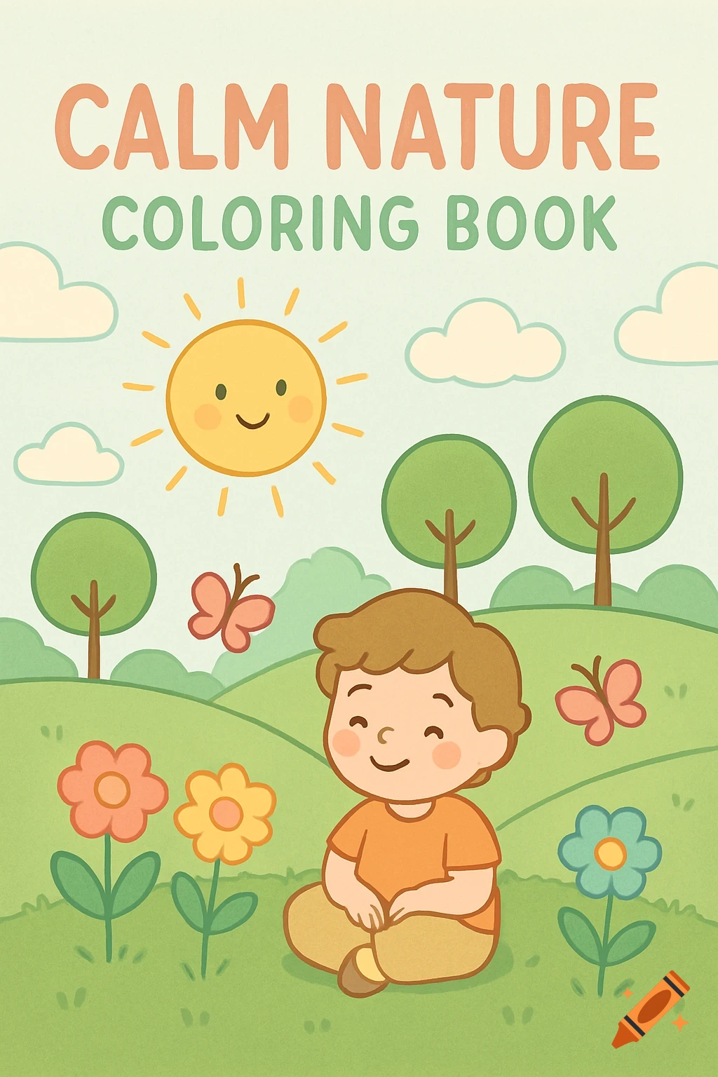 A cartoon cover for a 'Calm Nature Coloring Book' featuring a happy child sitting on grass, smiling sun, trees, flowers, and butterflies in soft pastel colors.