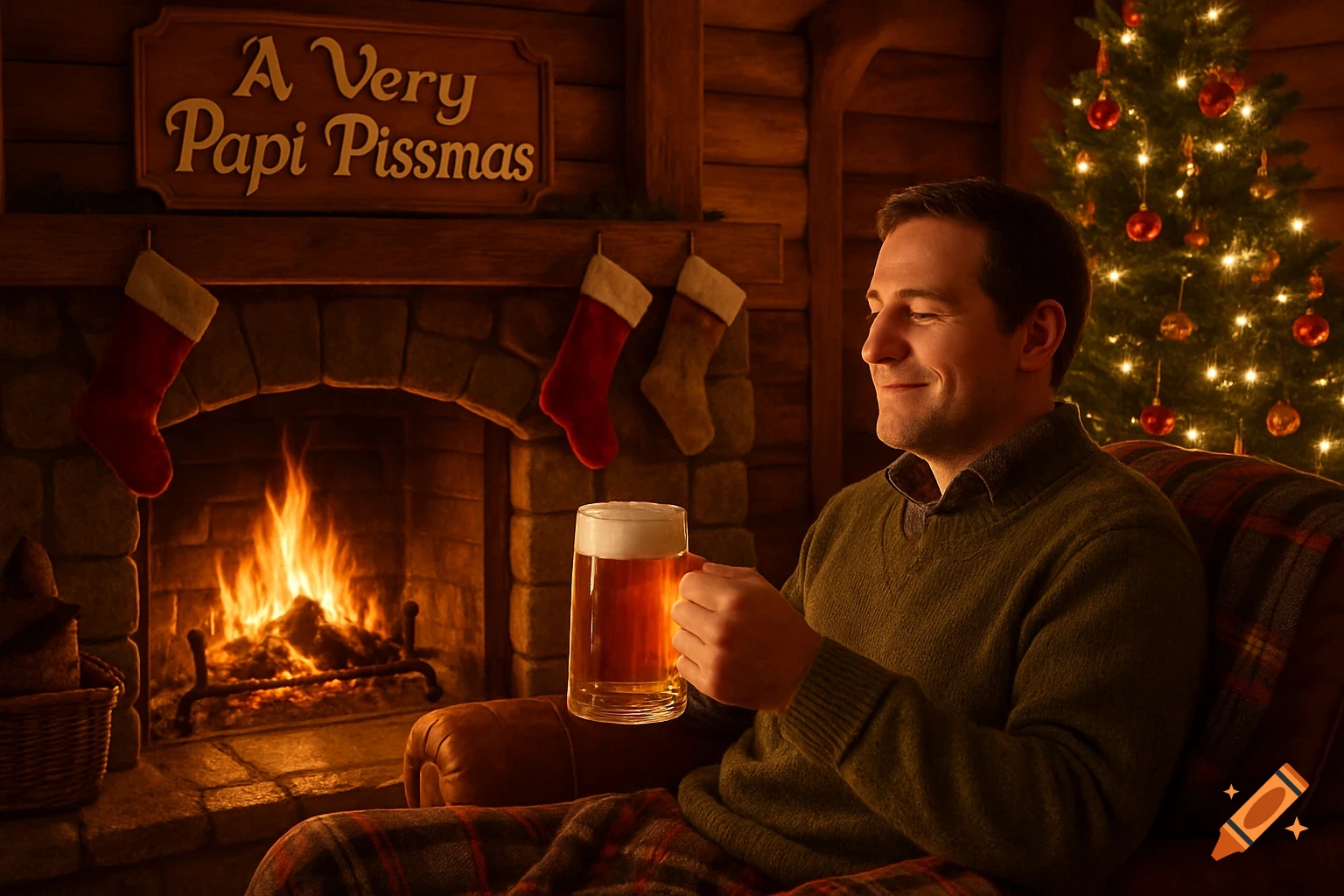 A smiling man sits by a warm fireplace with Christmas stockings and a tree, holding a beer mug, below a sign that reads 'A Very Papi Pissmas'.
