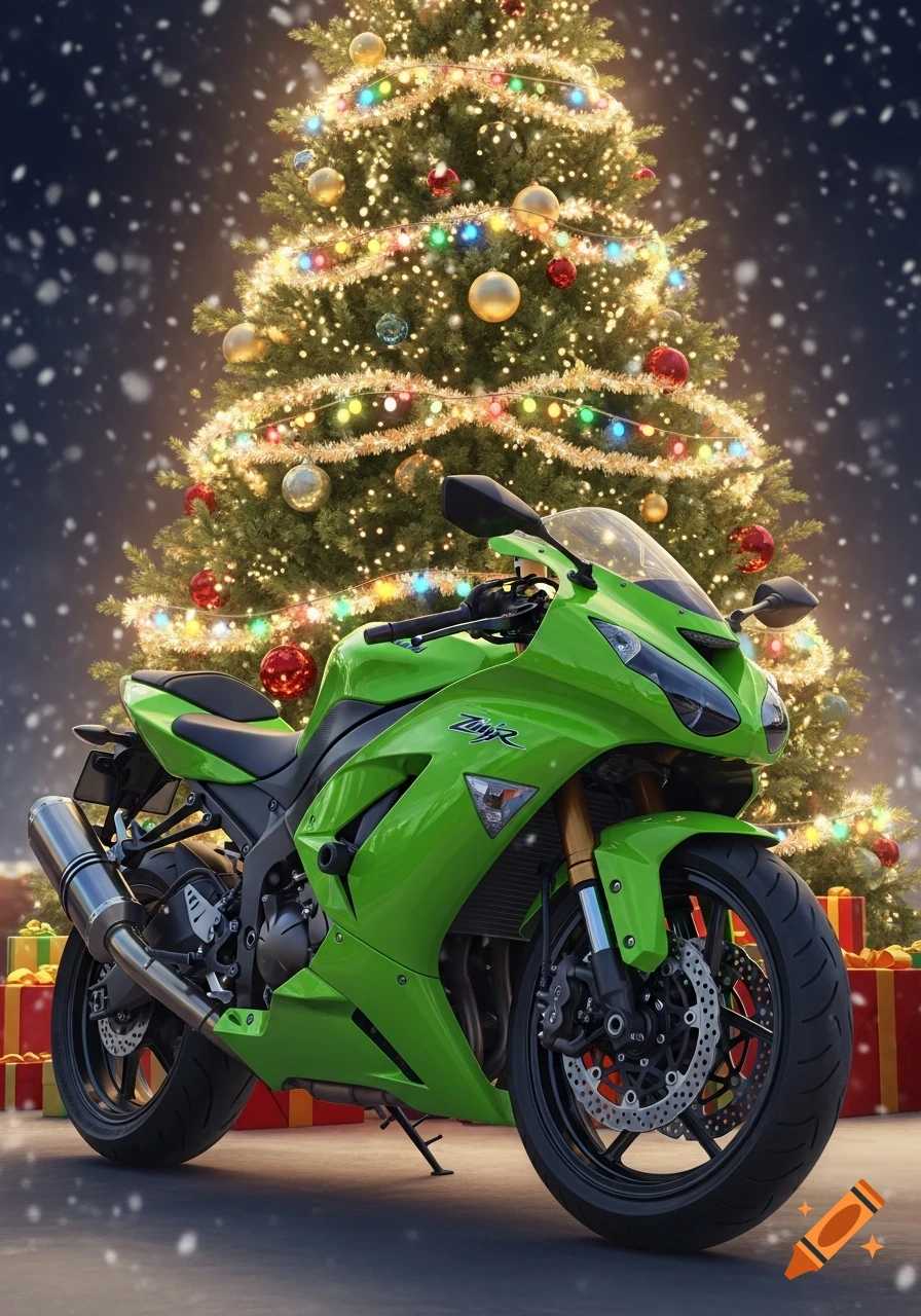 A vibrant green sport motorcycle parked in front of a brightly lit Christmas tree with falling snow.