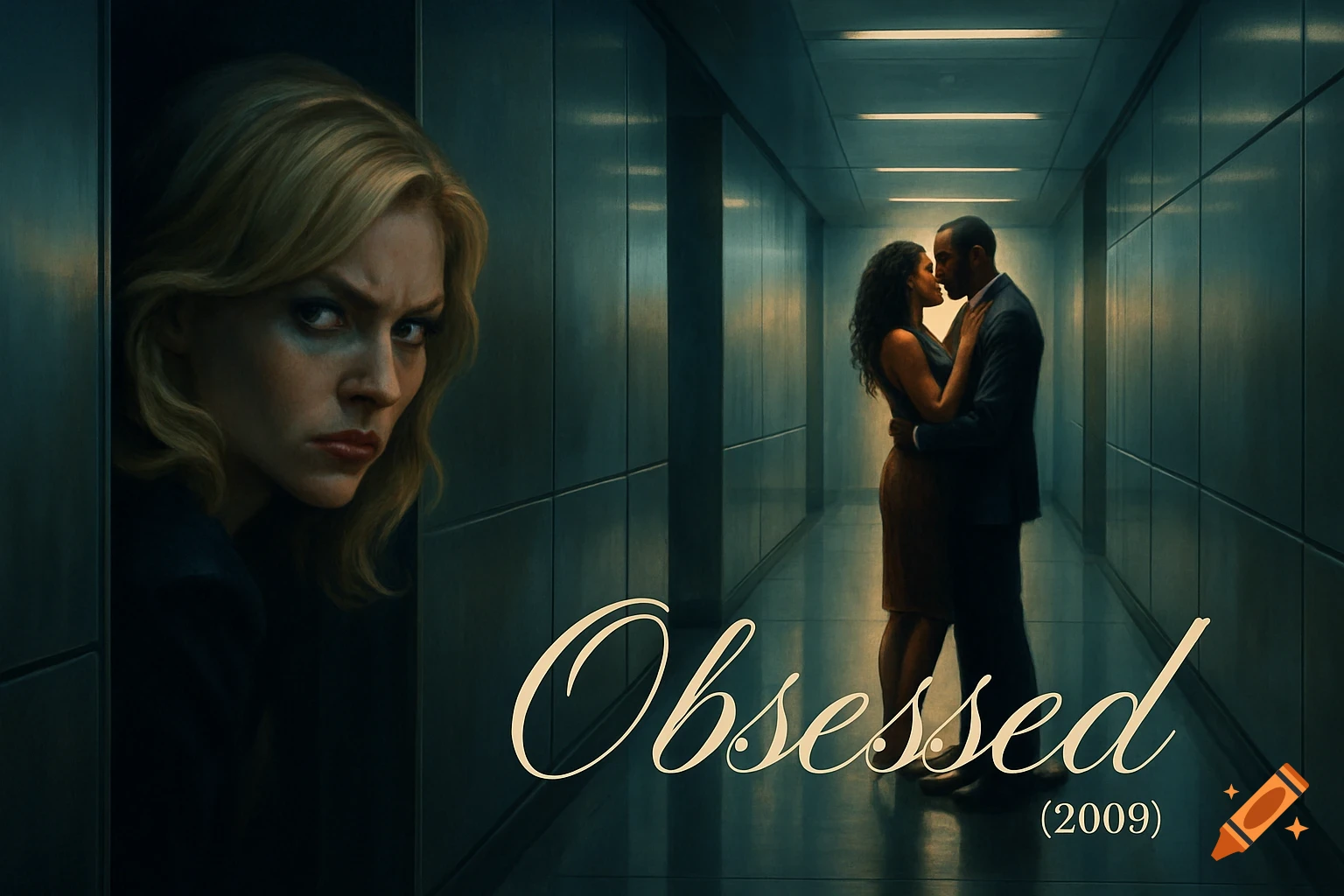 A jealous blonde woman watches a couple embrace in a dimly lit hallway. Text 'Obsessed (2009)'.